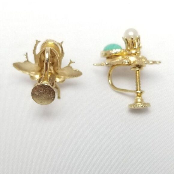 Vintage Insect Bug Fly Clip On Screw Back Earrings, Gold Tone Green Cabochon - Picture 3 of 6